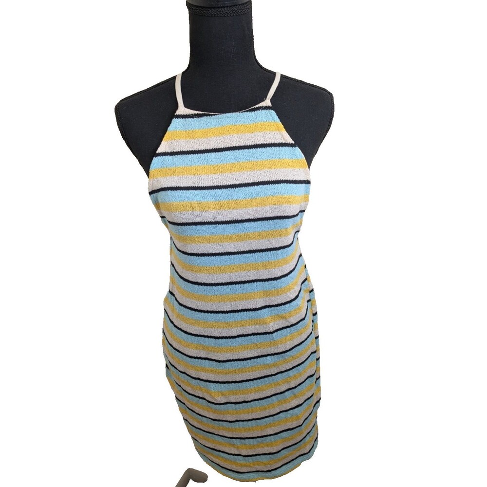 Zara Rustic Halter Neck Mini Dress Blue Yellow Striped Knit Beach Medium